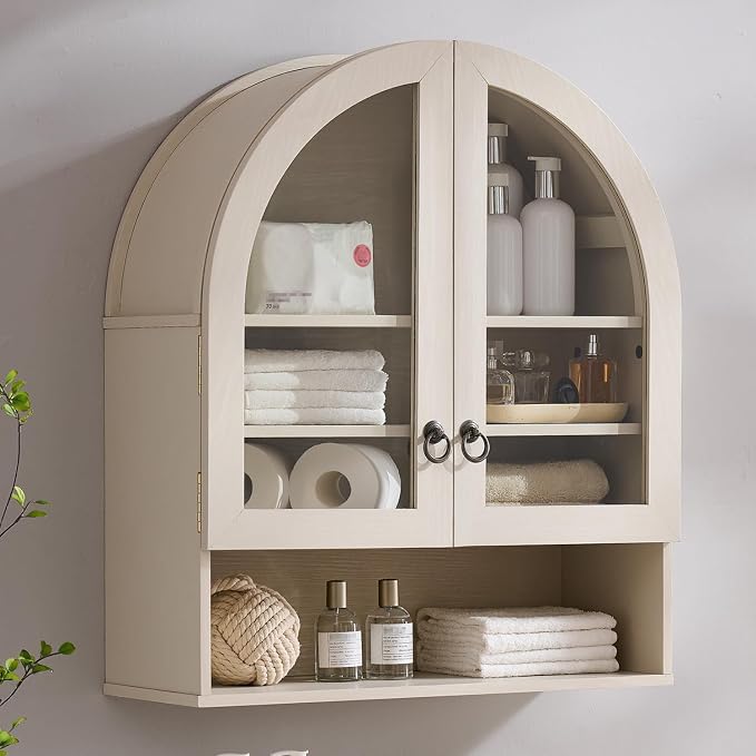 IFGET Bathroom Arched Wall Cabinet, 23.6'' Wide Medicine Cabinet with Adjustable Shelves & Acrylic Glass Doors, Over The Toilet Storage Wall Mount Cabinet for Laundry Room,Kitchen & Living Room, Cream