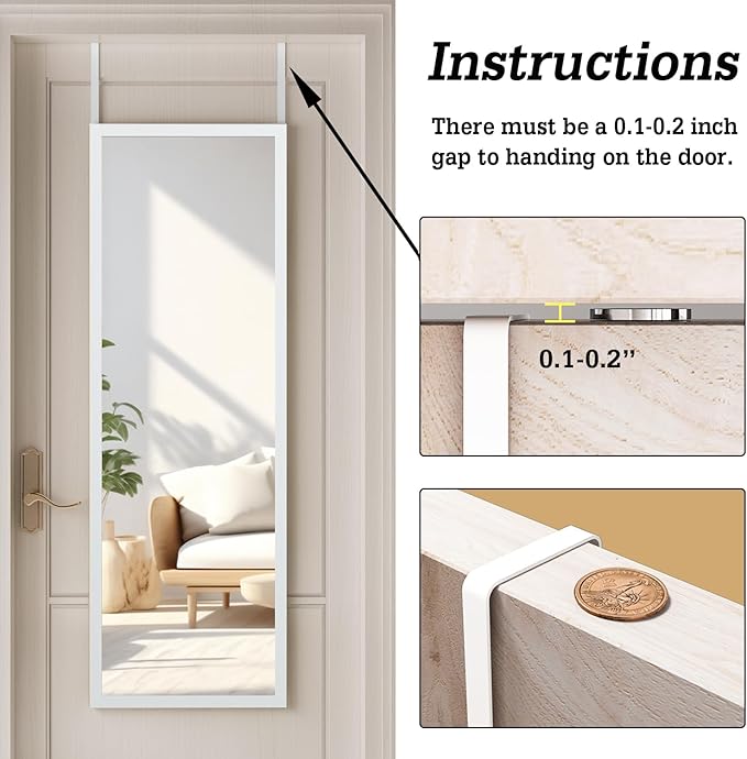 whitebeach 48" x 16" Over The Door Full Length Mirror Wall Mounted Hanging with 2 Metal Hangers for Bedroom Living Room Bathroom White