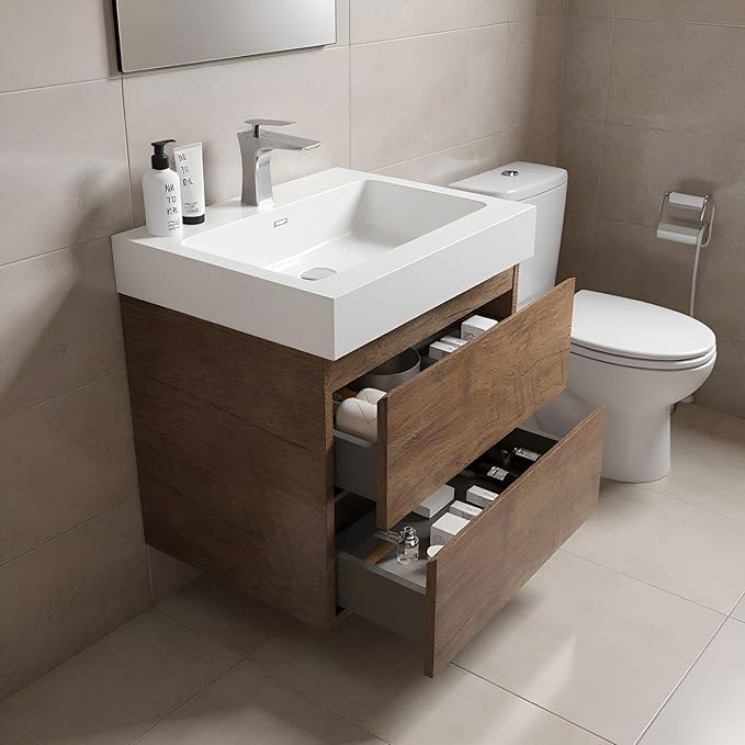 24" Floating Bathroom Vanity with Sink, Modern Bathroom Cabinet with Top and Soft Close Drawers, Spacious Storage for Small Space, Walnut - Lavanda Collection