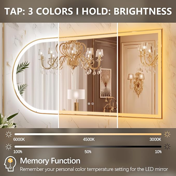 Arched LED Bathroom Mirror, 48"x24" Arch Backlit Vanity Mirror with Lights, Frontlit, Dimmable, 3 Colors, Memory Function, Anti-Fog Smart Mirror, Gold Frame, Shatterproof, Horizontal-Right