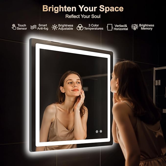 30x30 LED Bathroom Vanity Mirror with Lights, Anti-Fog, Dimmable | Front & Backlit with 3 Color Modes and Memory, 5mm Shatterproof Glass, Plug-in or Hardwired, Horizontal or Vertical