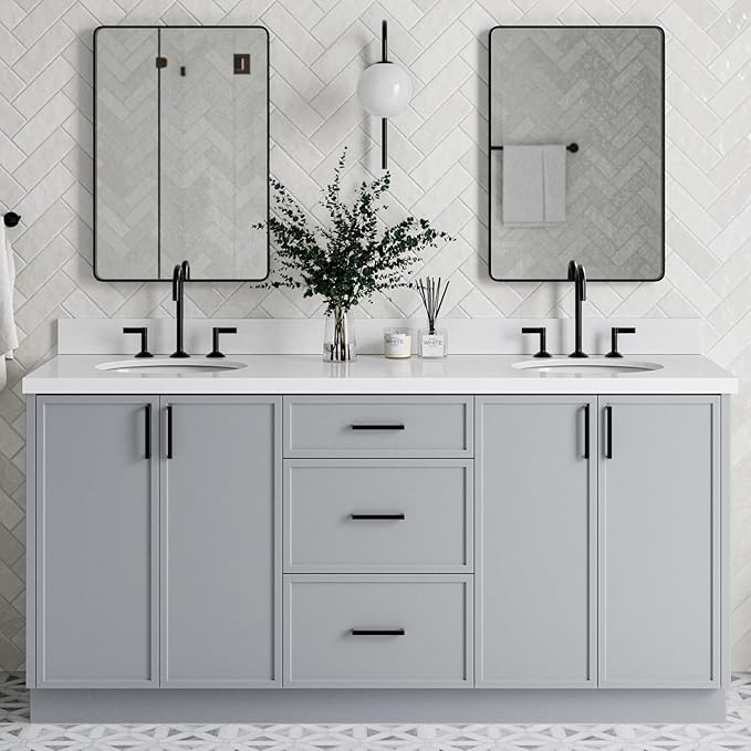 ARIEL Kelly 72-inch Bathroom Vanity with Sink,Solid Wood, 1.5-inch Pure White Quartz Countertop & Backsplash, Double Oval Porcelain Sink, 4 Soft Closing Doors, 5 Dovetail Drawers, Grey