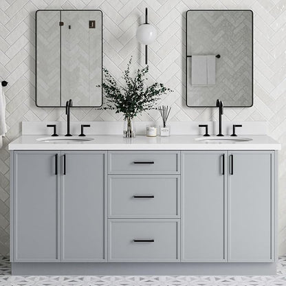 ARIEL Kelly 72-inch Bathroom Vanity with Sink,Solid Wood, 1.5-inch Pure White Quartz Countertop & Backsplash, Double Oval Porcelain Sink, 4 Soft Closing Doors, 5 Dovetail Drawers, Grey