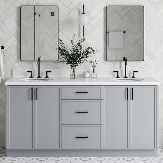 ARIEL Kelly 72-inch Bathroom Vanity with Sink,Solid Wood, 1.5-inch Pure White Quartz Countertop & Backsplash, Double Oval Porcelain Sink, 4 Soft Closing Doors, 5 Dovetail Drawers, Grey