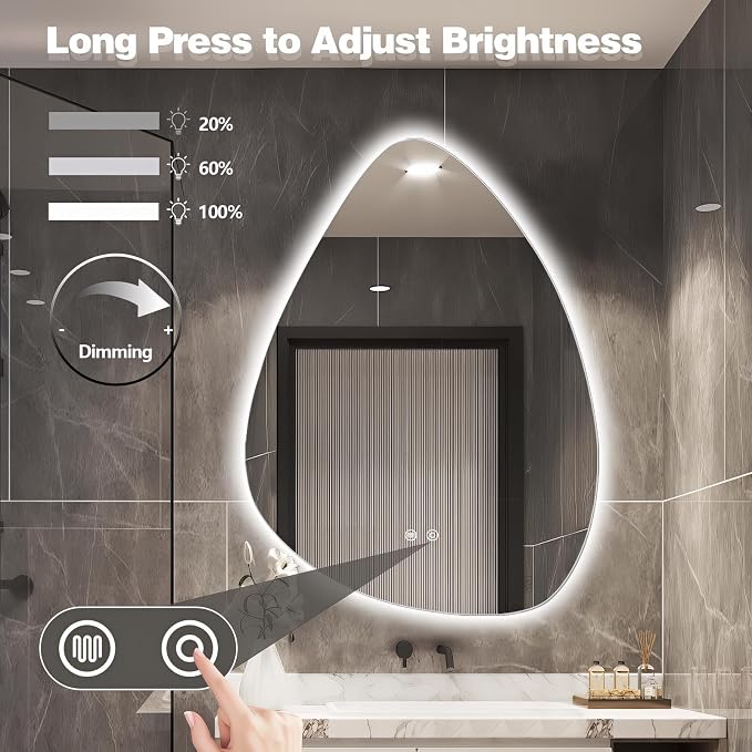 Niccy Irregular LED Bathroom Mirror, Frameless Backlit Wall Mirror, 20"x28" | Asymmetrica Lighted Mirror for Bedroom Living Room, Modern Smart-Mirror with 3 Color Lighting, Anti-Fog, Memory Function
