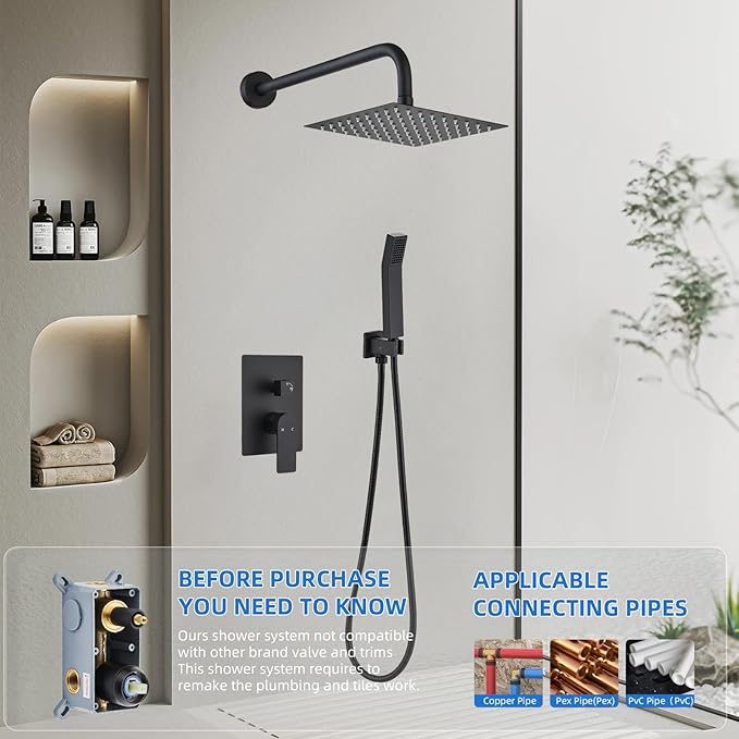 Shower Faucet Set With 8" Shower Head And Handheld Black | Wall Mounted Shower System Valve Include 2 Function