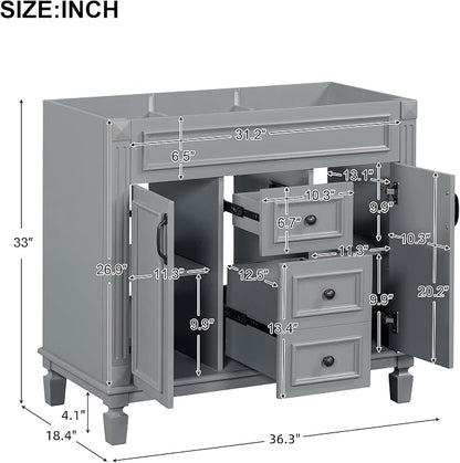 36" Bathroom Vanity Without Top Sink,Modern Freestanding Bath Storage Cabinet with 2 Soft-Close Doors and 2 Drawers,Solid Wood Vanity Only,Water Resistant,Easy to Assemble,Grey