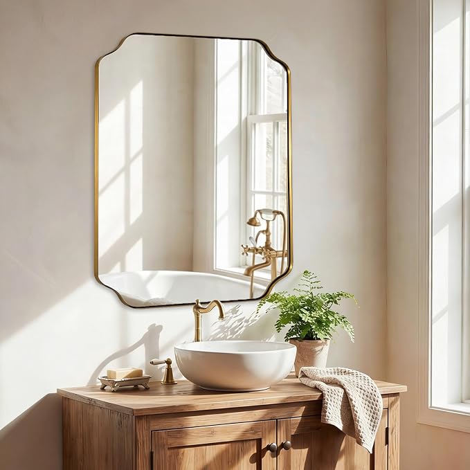 28"x36" Brushed Brass Bathroom Mirror, Scalloped Mirror for Bathroom, Champagne Bronze Mirror in Anti-Rust Stainless Steel Thin Frame, Wall Mount Vertical or Horizontal