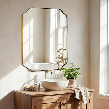 28"x36" Brushed Brass Bathroom Mirror, Scalloped Mirror for Bathroom, Champagne Bronze Mirror in Anti-Rust Stainless Steel Thin Frame, Wall Mount Vertical or Horizontal