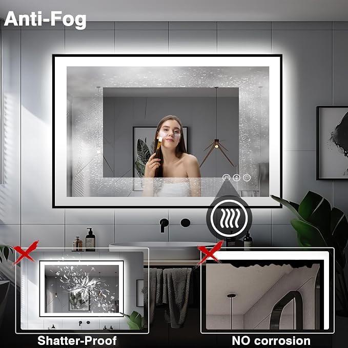 EchosLife 44x32 Bathroom Mirror with LED Lights - Black Framed | Black Frame, Front and Backlit, Anti-Fog, Stepless Dimmable, 3 Colors, Memory, Tempered Glass, UL Listed, Horizontal/Vertical