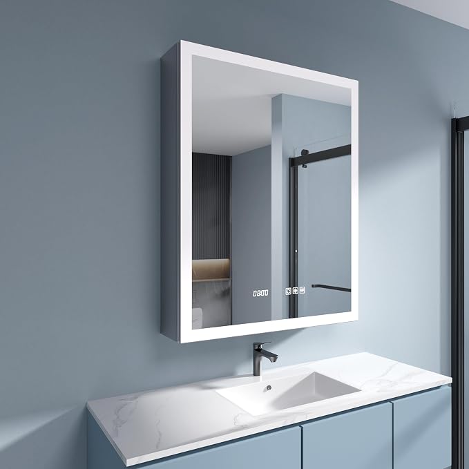 LED Medicine Cabinet 24x30 Anti-Fog Mirror Dimmable Recessed Mount | 3 Color Dimmable LED. Time Temp Display. Anti-Fog IP44. 2 Outlets+2 USB. Plug-in/Hardwired. Recessed/Wall Mount. Left Hinge