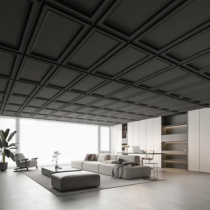 WOWSTAR 12-Pack 2x4ft Drop Ceiling Tiles, Waterproof Glue up Ceiling Panels, Modern Style 3D Wall Panels, Black | PVC ceiling panels, 2x4 ft, waterproof, glue-up install, basement kitchen bathroom, 12-pack