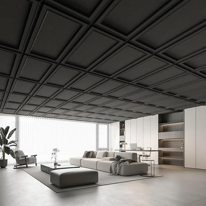 WOWSTAR 12-Pack 2x4ft Drop Ceiling Tiles, Waterproof Glue up Ceiling Panels, Modern Style 3D Wall Panels, Black | PVC ceiling panels, 2x4 ft, waterproof, glue-up install, basement kitchen bathroom, 12-pack