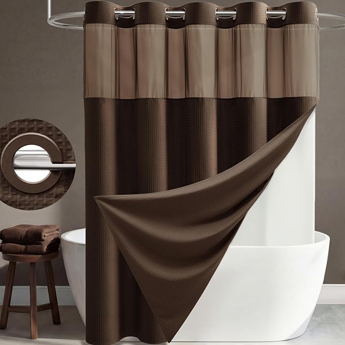 Brown Hook Free Waffle Shower Curtain & Snap-in Fabric Liner,72x99 | Less Time to install, 3 in 1 Fabric Shower Curtain and Liner Set with Magnets, Extra Long, Shower Curtains for Bathroom