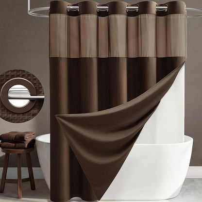 Brown Hook Free Waffle Shower Curtain & Snap-in Fabric Liner,72x99 | Less Time to install, 3 in 1 Fabric Shower Curtain and Liner Set with Magnets, Extra Long, Shower Curtains for Bathroom