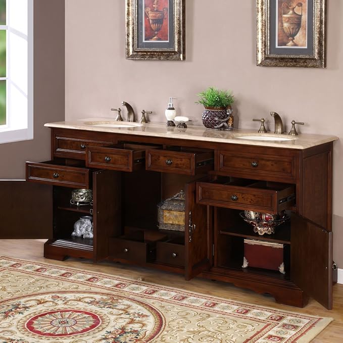 Silkroad Exclusive Hyp-0716-T-Uic-72 Travertine Stone Top Double Sink Bathroom Vanity with Bath Cabinet, 72", Medium Wood