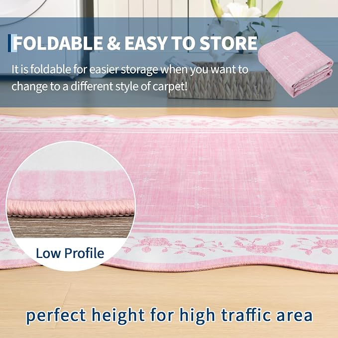 Garvee Scollaped Rugs for Living Room 5x7 Area Rugs for Bedroom Soft Pink | Non-Slip Low Pile Neutral Kids Rug Non-Shedding Bordered Nursery Carpet Foldable Thin Mat for Dining Room Kitchen Playroom