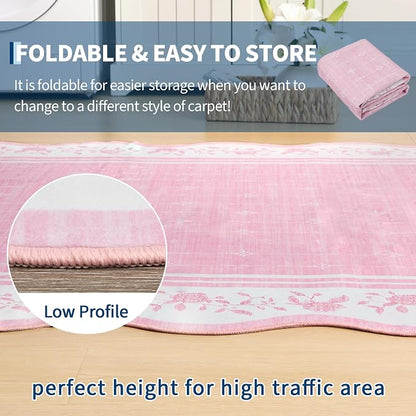 Garvee Scollaped Rugs for Living Room 5x7 Area Rugs for Bedroom Soft Pink | Non-Slip Low Pile Neutral Kids Rug Non-Shedding Bordered Nursery Carpet Foldable Thin Mat for Dining Room Kitchen Playroom
