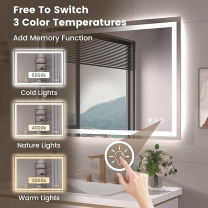 Snowdool 40 x 28 in LED Bathroom Mirror, Front and Backlit, Anti-Fog | Front and Backlit, 3 Color Temperatures, Anti-Fog, Tempered Glass