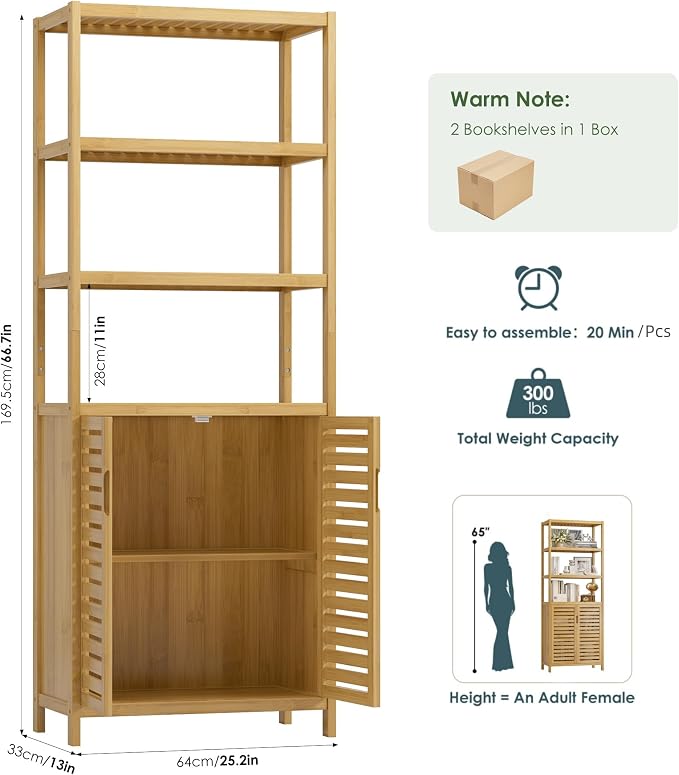6-Tier Bamboo Book Shelves with 2 Door, Tall Bathroom Storage Cabinet | Freestanding Natural Bamboo Cabinet, 67" Tall Cabinet w/Plant Stand for Home Office, Living Room, Kitchen Dining,Balcony,2PCS