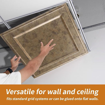 WOWSTAR 12-Pack 24"x24" Drop Ceiling Tiles, Waterproof Glue up Ceiling Panels, Modern Style 3D Wall Panels, Antique Gold | PVC ceiling panels, 24"x24", waterproof, glue-up install, basement kitchen bathroom, 12-pack, set C