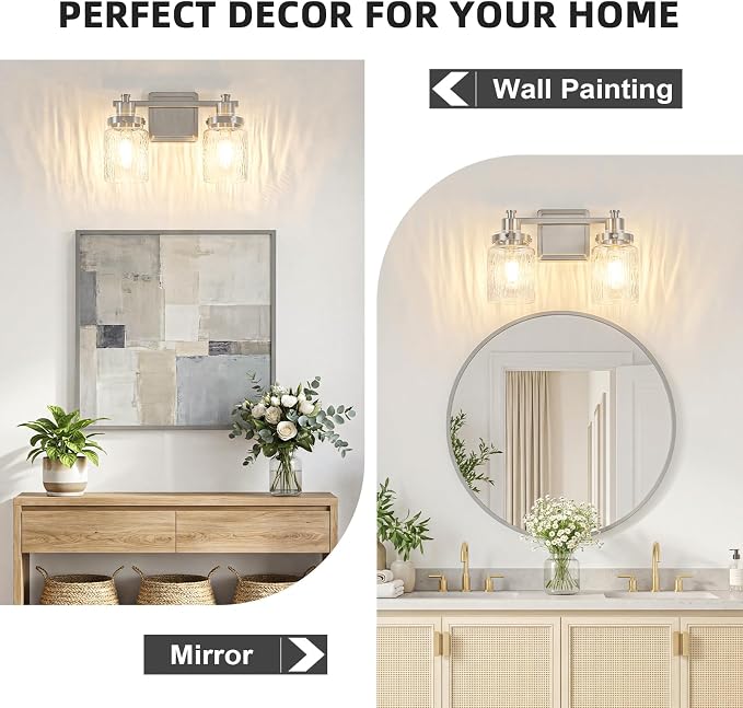 2 Light Bathroom Vanity Light Fixtures Modern Brushed Nickel | ETL Certificate, Easy to Install,Wall Mount Up or Down,Hammered Glass Lampshade,E26 Socket,Hardwired,120V