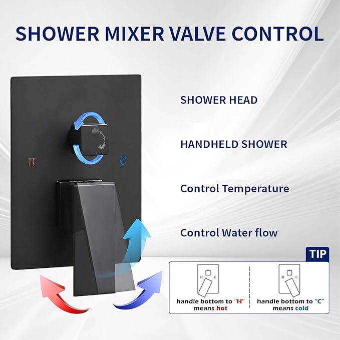 BWE Black Shower Faucet 10 Inch Square Luxury Rain Mixer Shower System Sets Complete 2-Functions Pressure Balancing Wall Mount Rainfall Rough-in Valve Body and Trim Included