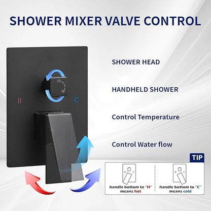 BWE Black Shower Faucet 10 Inch Square Luxury Rain Mixer Shower System Sets Complete 2-Functions Pressure Balancing Wall Mount Rainfall Rough-in Valve Body and Trim Included