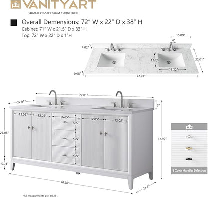 Vanity Art 72" Bathroom Vanity with Double Sink & Arabescato White Engineered Stone Top, Vanity Cabinet with Soft Closing Door, Solid Wood Frame, Golden Brushed Handles, White VA8172D-W-GB