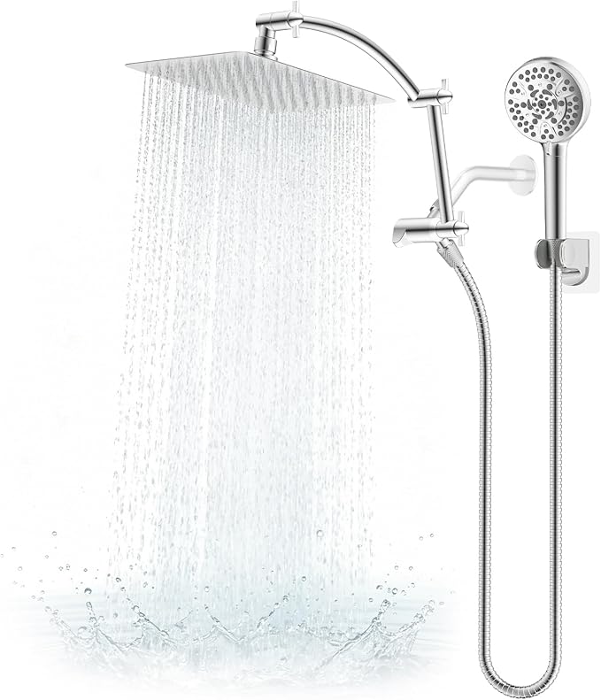 Hibbent All Metal 10" High Pressure Rain Shower Head Combo, Chrome | cUPC Certified Rainfall Shower Head with handheld 10 Sprays, 16'' Adjustable Extension Arm, 71'' Hose, Showerhead Holder