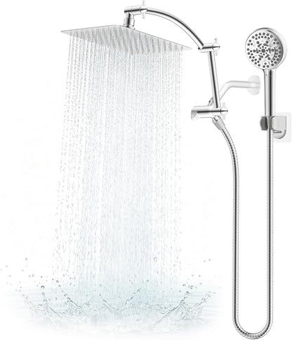 Hibbent All Metal 10" High Pressure Rain Shower Head Combo, Chrome | cUPC Certified Rainfall Shower Head with handheld 10 Sprays, 16'' Adjustable Extension Arm, 71'' Hose, Showerhead Holder