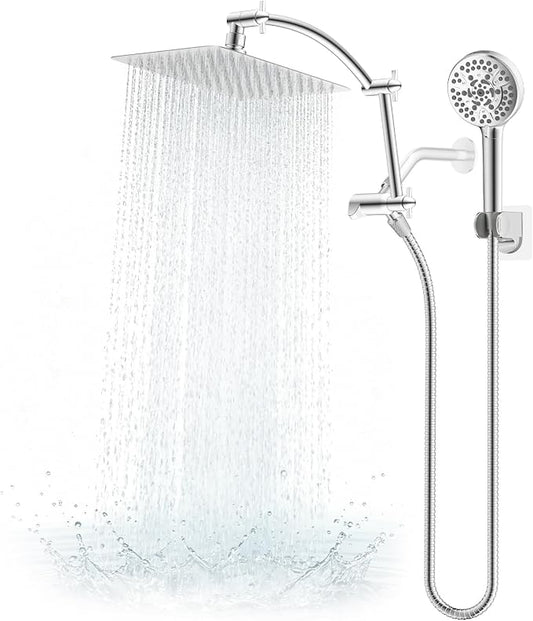 Hibbent All Metal 10" High Pressure Rain Shower Head Combo, Chrome | cUPC Certified Rainfall Shower Head with handheld 10 Sprays, 16'' Adjustable Extension Arm, 71'' Hose, Showerhead Holder