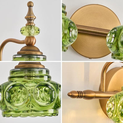 Vintage Vanity Light Fixtures, Green 2-Light Bathroom Lighting, Vintage Wall Sconce with Crystal Glass Shade Rust-Proof and Durable for Bathroom Bedroom Living Room Hallway