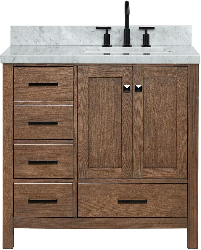 ARIEL Cambridge 36-inch Bathroom Vanity with Sink,Solid Wood, 1.5-inch Italian Carrara Marble Countertop, Single Rectangular Porcelain Sink, 2 Soft Closing Doors, 5 Dovetail Drawers, Brown Oak