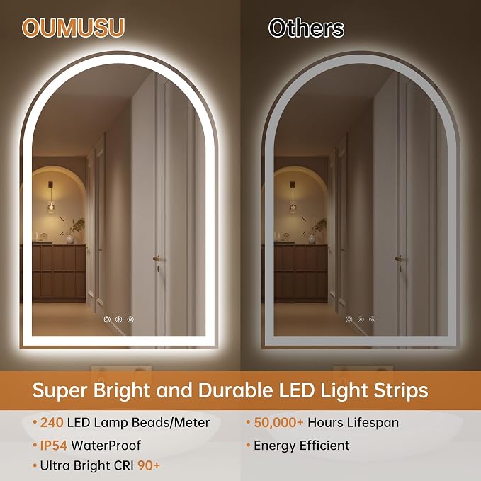24"x36" Arched LED Lighted Bathroom Mirror with Lights | Fogless, Dimmable, Shatterproof, Touch Sensor, 3 Color Changing