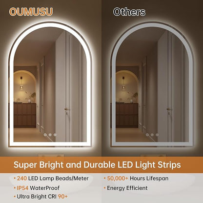 24"x36" Arched LED Lighted Bathroom Mirror with Lights | Fogless, Dimmable, Shatterproof, Touch Sensor, 3 Color Changing