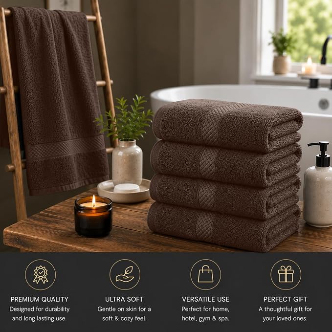 DAN RIVER 600 GSM Cotton Large Bath Towels Set of 4, 27 x 54 Inches, Brown | Larger & Lighter Weight Towels for Bathroom - Highly Absorbent & Quick Dry 100% Cotton Bath Towel Set for Home, Spa & Hotel