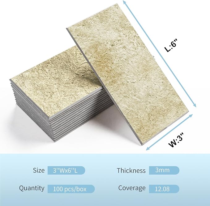 Vamos Tile 100-Piece Peel and Stick Backsplash Seamless Tile,3''x6'' Textured Beige Travertine with White Grout PVC Subway Tile,Stick on Backsplash for Kitchen/Bathroom/Laundry Room