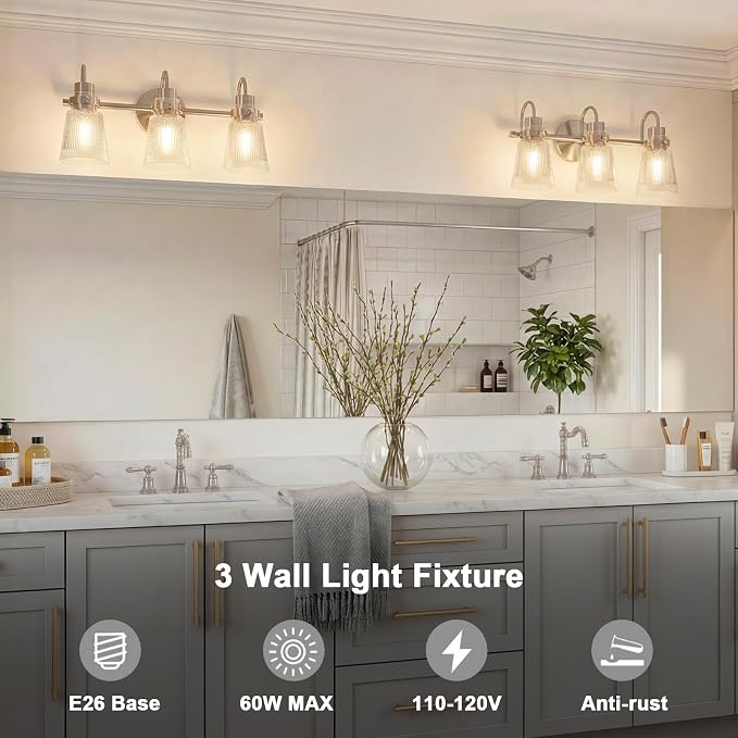 Brushed Nickel Bathroom Light Fixtures, 18.8 Inch Modern Vintage Vanity Lights with Clear Striped Glass Shade, 3-Light Bathroom Wall Sconce Over Mirror for Entryway Bedroom