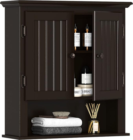 UTEX Bathroom Cabinet Wall Mounted, Wood Hanging Cabinet, Wall Cabinets with Doors and Shelves Over The Toilet, Espresso