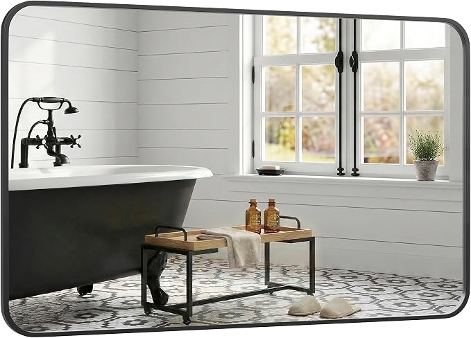 30x48 Inch Matte Black Rounded Rectangle Bathroom Vanity Mirror | For Over-Sink Bathrooms, Powder-Coated Iron Frame, Layered Shadow Box Look, Vertical or Horizontal Layout