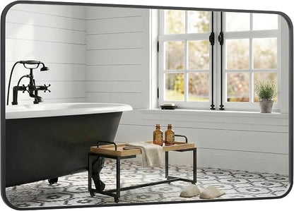 30x48 Inch Matte Black Rounded Rectangle Bathroom Vanity Mirror | For Over-Sink Bathrooms, Powder-Coated Iron Frame, Layered Shadow Box Look, Vertical or Horizontal Layout
