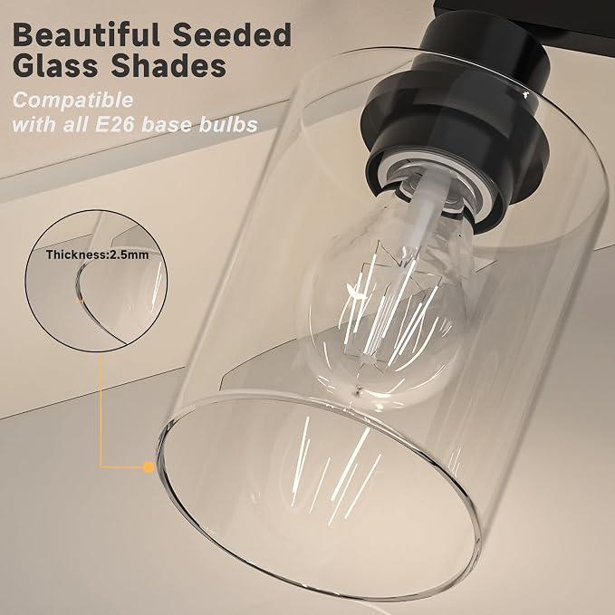 Hasipu Modern Bathroom Light Fixtures, 4 Light Black Vanity Lights | HD Clear Round Glass Shade, Durable Metal, Standard E26 Socket, Easy Installation, Farmhouse Bathroom Lighting