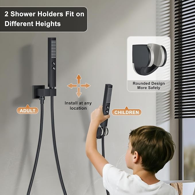 Rain Shower System 12" & 6" Dual Shower Heads, Wall Mount Shower Faucet Set | Ideal for bathroom remodels and upgrades with 12" rain shower, 6" angled shower, handheld spray and complete valve kit.