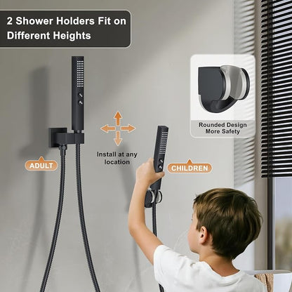 Rain Shower System 12" & 6" Dual Shower Heads, Wall Mount Shower Faucet Set | Ideal for bathroom remodels and upgrades with 12" rain shower, 6" angled shower, handheld spray and complete valve kit.
