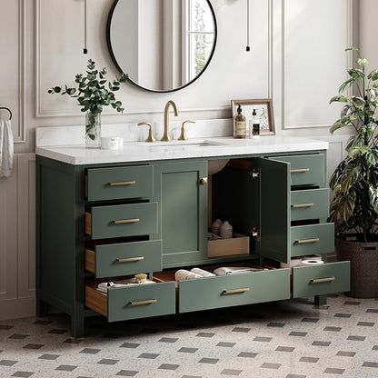 ARIEL Cambridge 60-inch Bathroom Vanity with Sink,Solid Wood, 1.5-inch Carrara White Quartz Countertop, Single Rectangular Porcelain Sink, 2 Soft Closing Doors, 9 Dovetail Drawers, Vintage Green