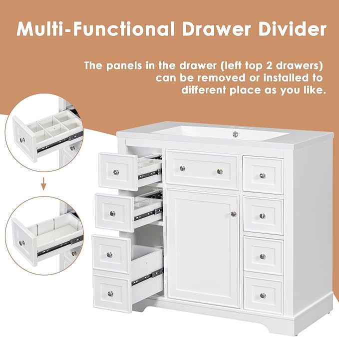 36" Bathroom Vanity Without Sink, Base Only,One Cabinets and Six Drawers,Wood Set Frame W/Adjustable Shelf,Water, Stain Proof,White