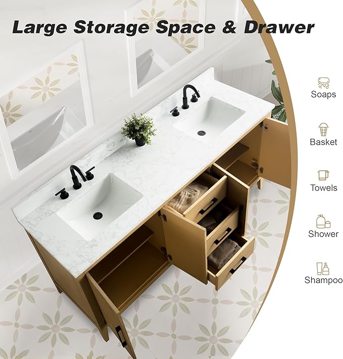 HomeBeyond 72 Inch Bathroom Vanity with Sink & Ceramic Top, Double Vanity Cabinet with Basin, Soft-Closing Doors & Matte Black Hardware, Natural Oak