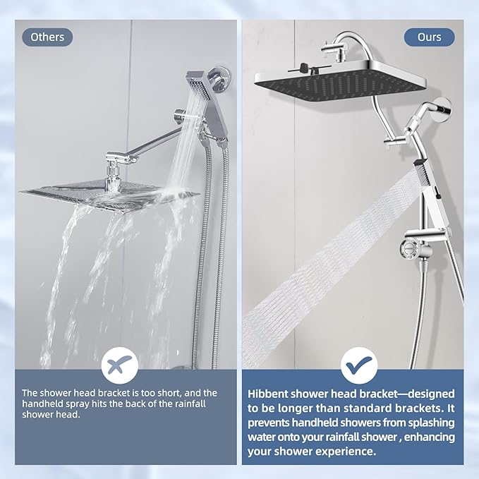 Hibbent 5-Mode 13" Rain Shower head, 4-Spray Metal Handheld Shower, Chrome | cUPC Certified High Pressure Showerhead Combo, All Metal 4-way Diverter with Extension Arm, 71'' Hose & Easy Reach Holder