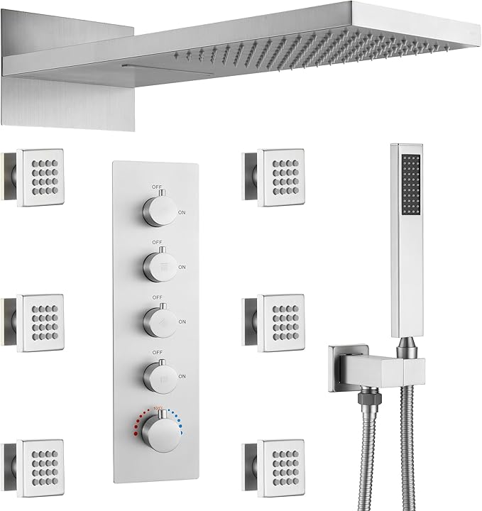 Luxury Thermostatic Rain & Waterfall Shower System with 22” Rain Shower Head & 6 Body Jets, Wall Mounted Shower Faucet Sets with Handheld Sprayer, 3/4” Inlet Thermostatic Valve